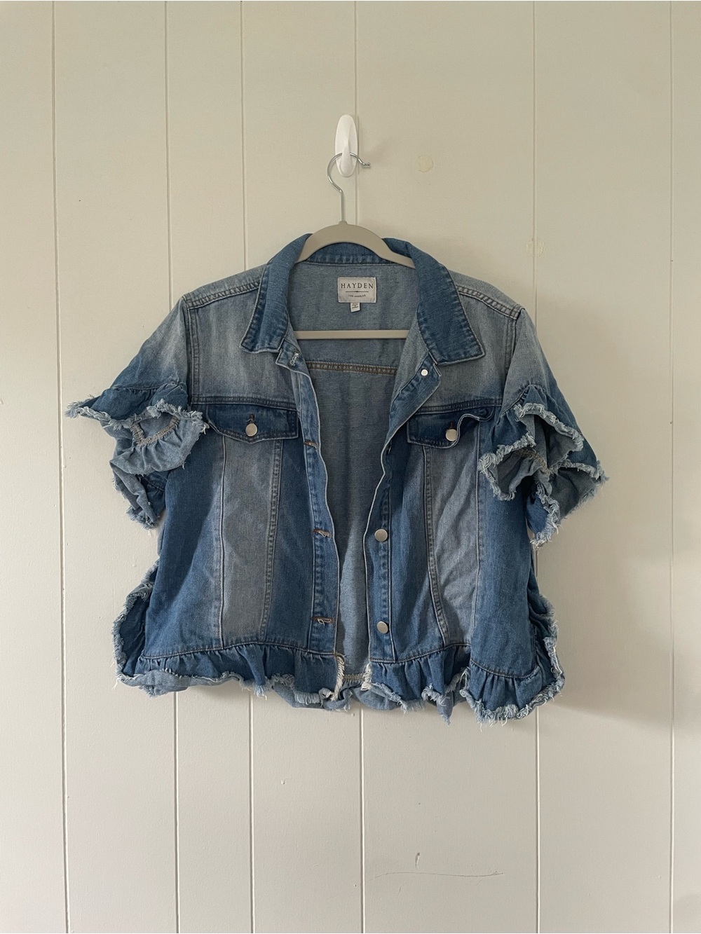 Hayden Los Angeles S/M Denim Jacket Blue Distressed Ruffle Fringe Short Sleeve